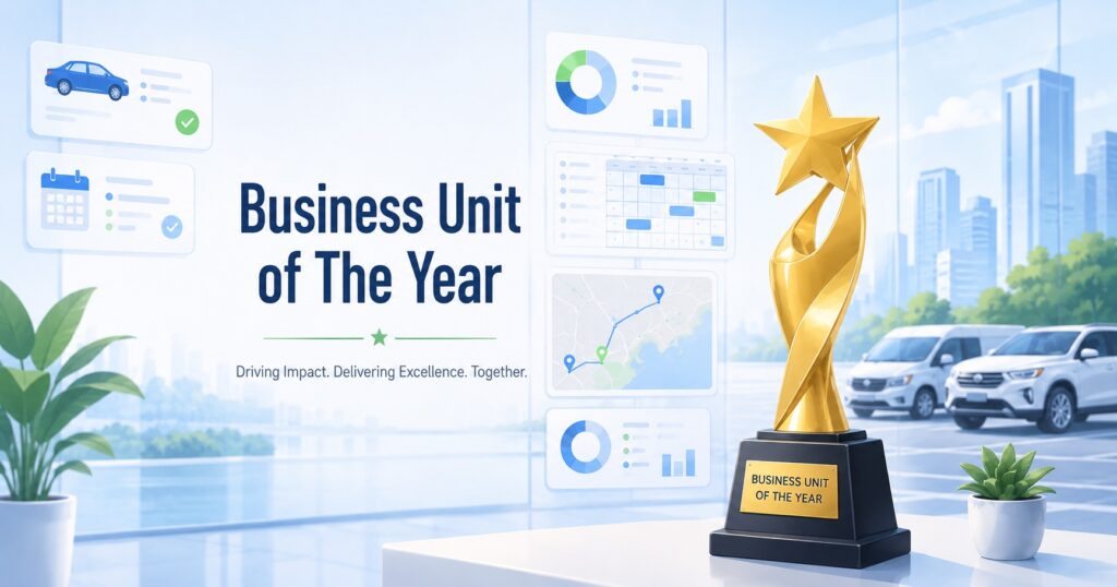 Rental Car Manager celebrates being named Business Unit of the Year across Jonas Software ANZ. The illustration features a gold achievement trophy in a bright, modern software and fleet-management environment, supported by visual elements representing vehicle bookings, fleet operations, analytics, scheduling and business performance. The award recognises Rental Car Manager’s strong overall business performance, operational efficiency, sustainable growth and commitment to continuous improvement. Rental Car Manager provides cloud-based rental vehicle management software for car rental, vehicle hire and mobility businesses across Australia, New Zealand and international markets. The recognition reflects the work of the RCM team in strengthening its technology, operations and customer experience while continuing to invest in better support and more proactive customer outcomes.